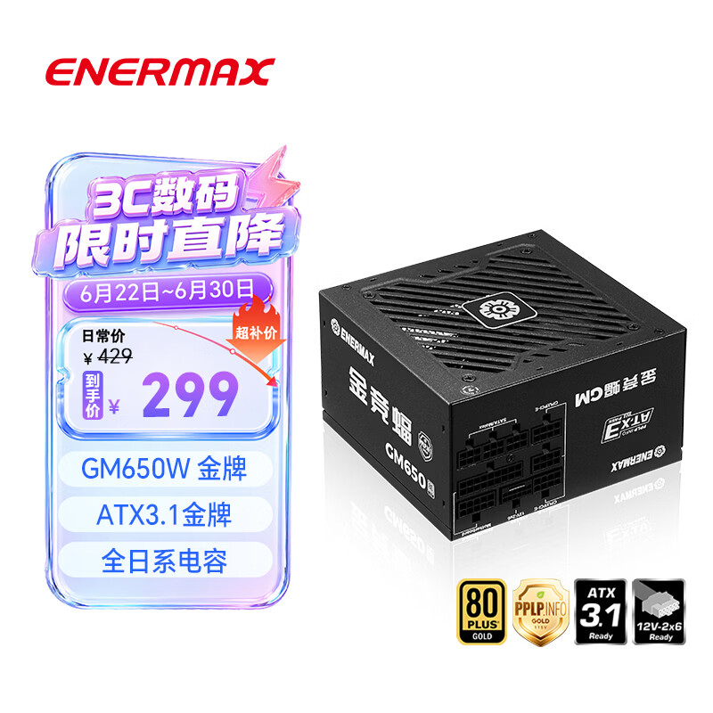安耐美（Enermax）电源650W 金竞蝠GM650W黑色 ATX3.1电源 金牌全模 全日系电容/FDB风扇/五年保固