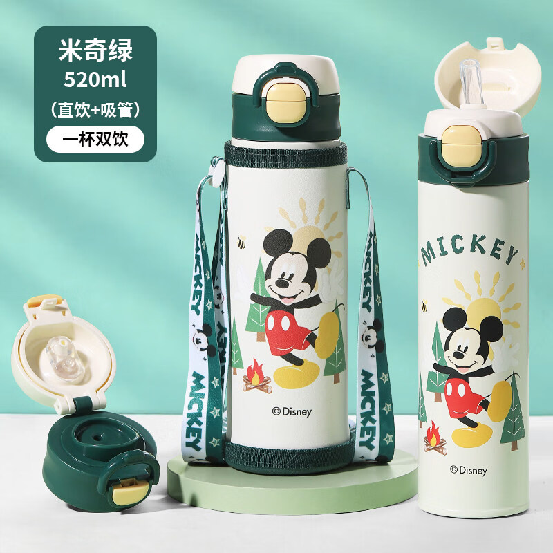 迪士尼（Disney）儿童保温杯316不锈钢大容量带吸管男女小学生上学便携双饮水杯子