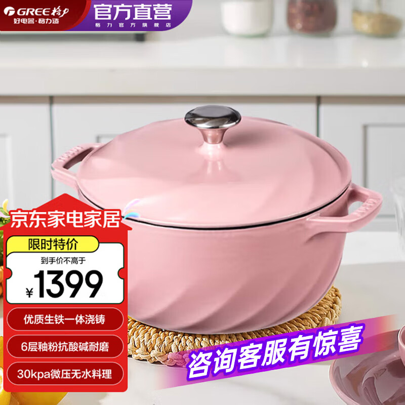 大松(TOSOT) 格力珐琅锅铸铁锅无涂层双耳汤锅炖锅煮饭锅 明火电磁炉永不变色 摩卡粉 24cm 3.8L