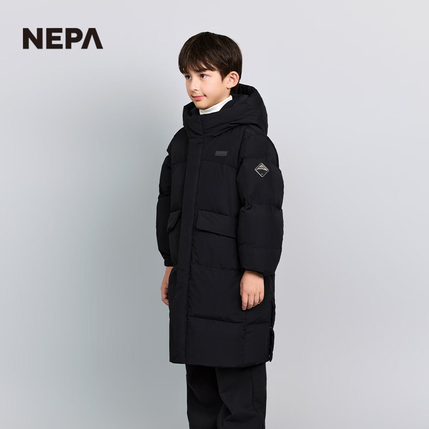 NEPA耐葩韩国进口户外秋冬童装儿童羽绒服男女童连帽长款KLF2001 黑色 C01 4XS (110)