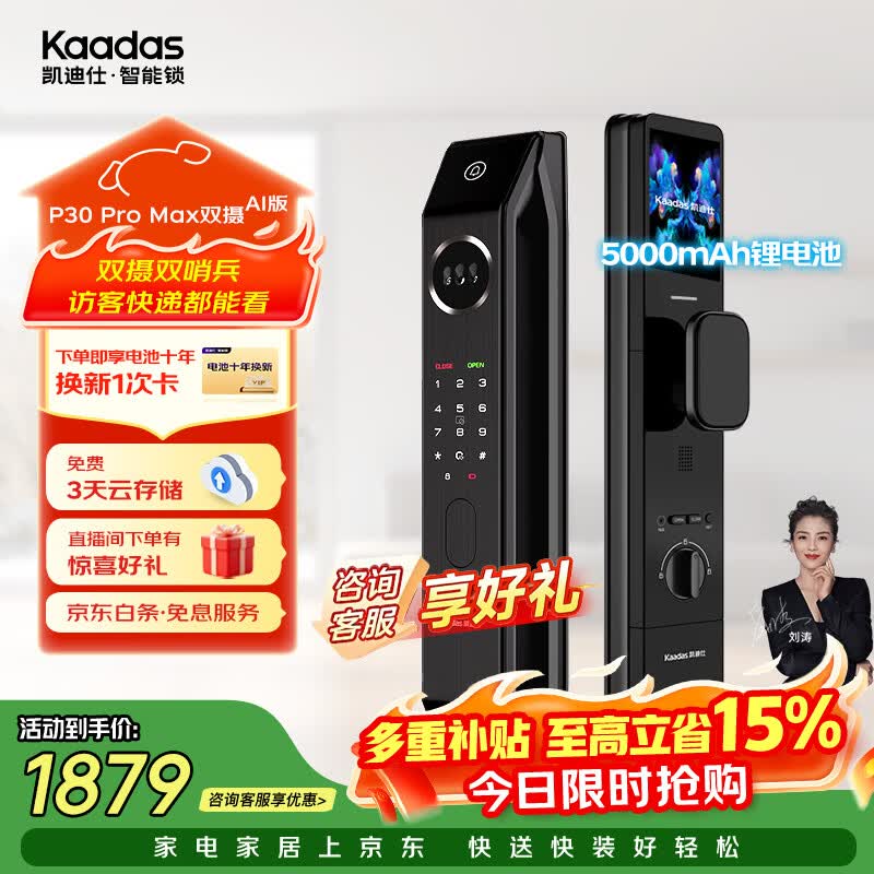 凯迪仕（KAADAS）智能门锁 双摄人脸识别可视猫眼大屏指纹锁 P30 Pro Max双摄AI版