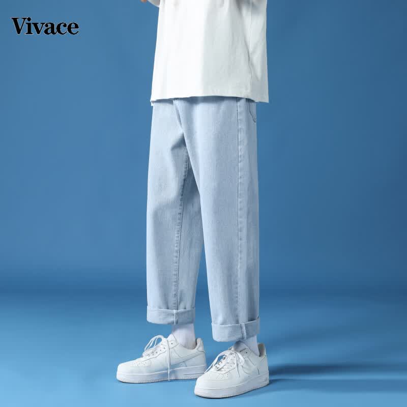 Vivace 高品质春夏季棉牛仔裤子男宽松直筒裤垂感港风潮流裤子 中蓝色 【单件】 M
