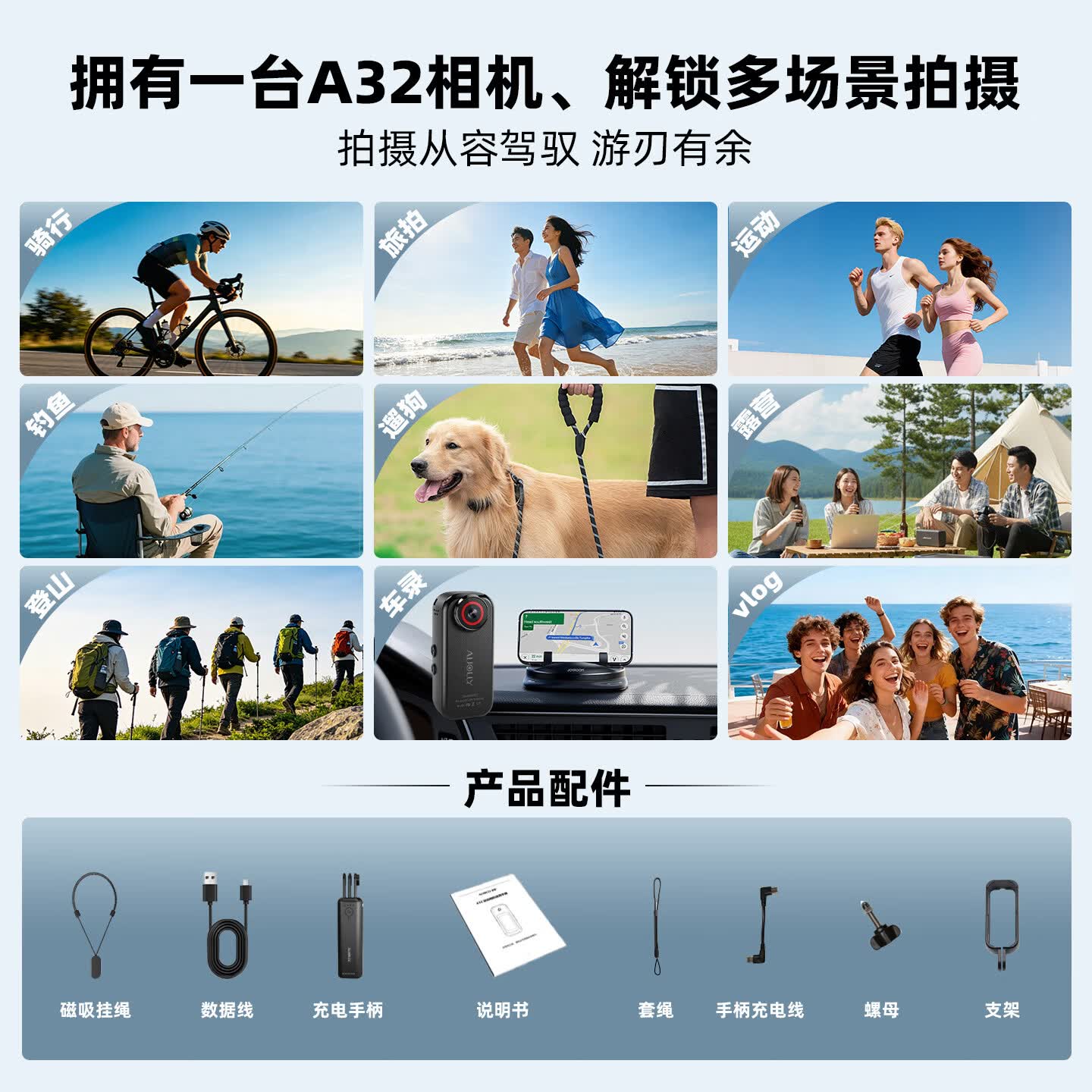 觅豹【新品】A32 拇指运动相机2.7K高清超长续航骑行摩托车GPS记录仪户外旅游vlog口袋相机 续航版-白色(主机标配+长续航手柄) 无内存卡