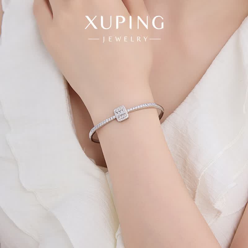 XUPING旭平首饰轻奢几何方形排钻手镯女精致百搭通勤闺蜜生日礼物首饰 手镯按压开口 约54mm