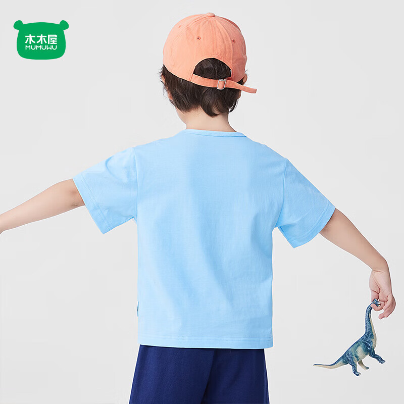 木木屋（mumuwu）男童女童夏季纯棉短袖套装儿童休闲运动两件套运动装吸汗透气套装 宝蓝/俏皮长颈龙 110 110cm推荐身高99-108cm