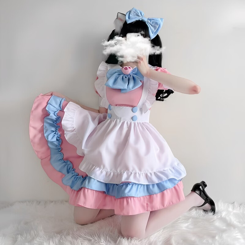 伪娘女仆装可爱猫爪日系粉蓝色cos制服男仆套装男娘女装约会漫展 【猫爪女仆套装】五件套 L【胸围92cm以内】