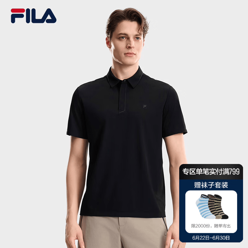FILA 斐乐官方男子针织短袖POLO衫2026秋季新款商务休闲舒适上衣 深黑-BK L 175/96A/L
