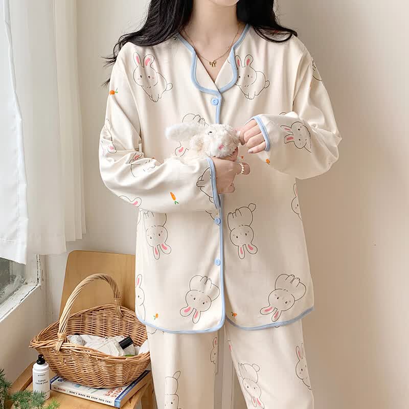 ROVO月子服孕妇睡衣套装可外穿产后哺乳衣夏季新款 浅蓝小兔 XL