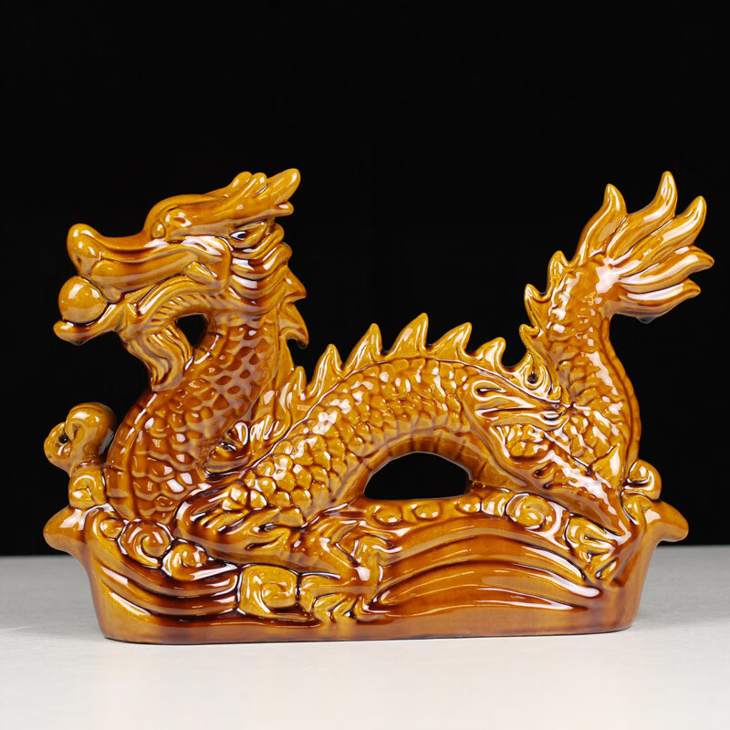 天琼陶瓷摆件祥龙唐三彩家居装饰品生肖工艺品青客厅摆设开业礼品 黄色大龙长约34