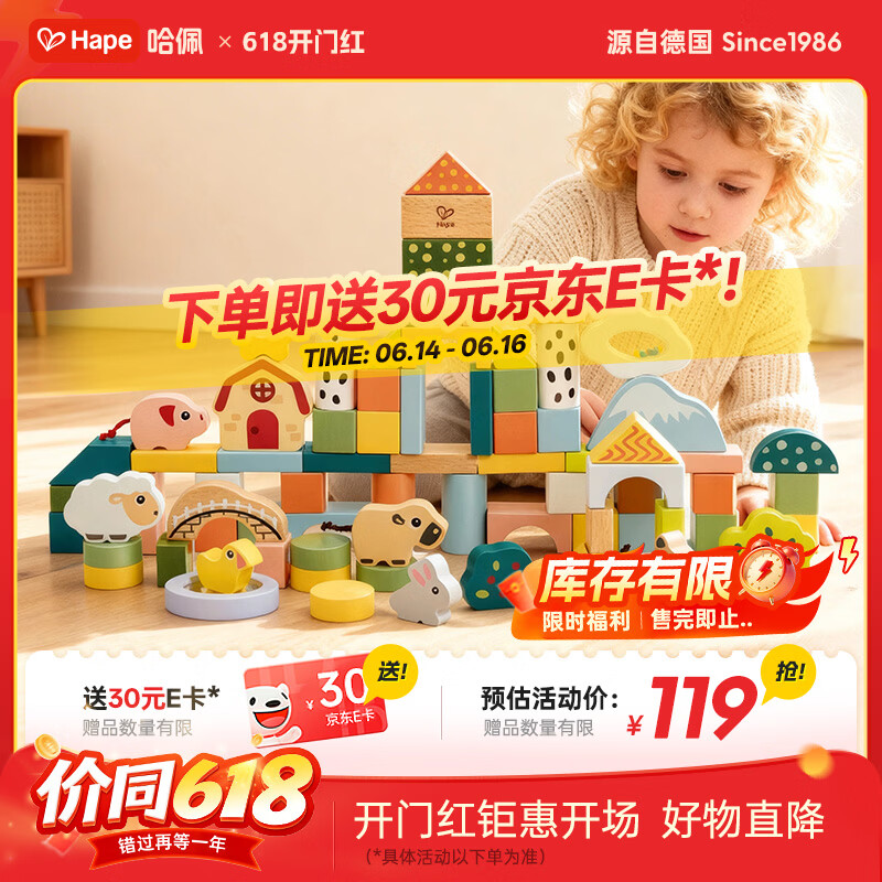 Hape宝宝木质玩具大颗粒云朵农场感官启蒙积木桶男女孩生日礼物E7550