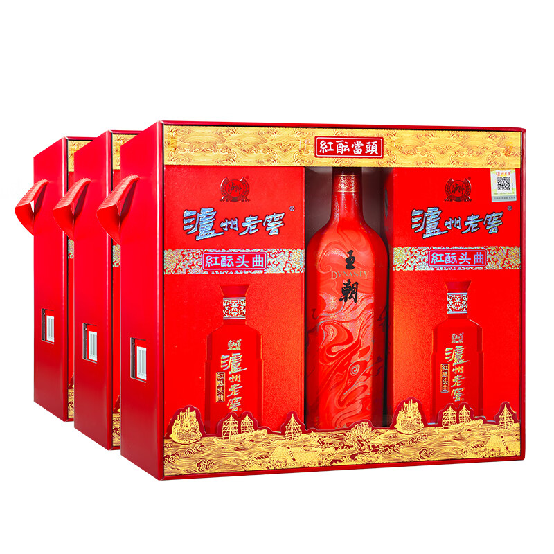 泸州老窖头曲 红酝头曲 节日送礼 婚宴喜酒 浓香型白酒 纯粮食酒 52度 500mL 2瓶 *3盒装+王朝葡萄酒12度750ml*3