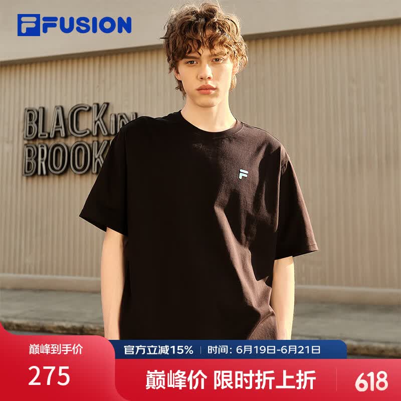 斐乐 FUSION斐乐潮牌多彩章昊同款情侣针织短袖2026春新款纯棉凉感T恤 正黑色-BK M 170/92A/M
