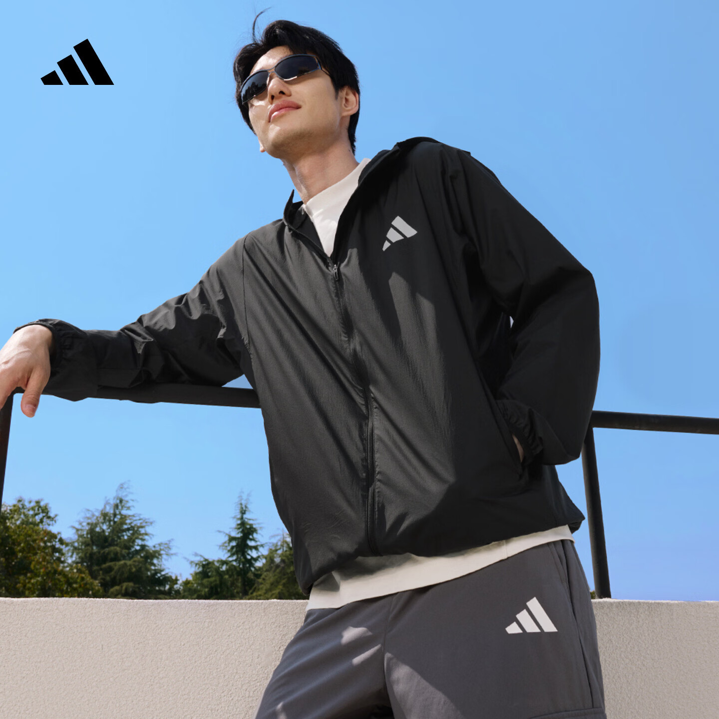 adidas拒水防泼凉感防晒UPF50+连帽防晒衣皮肤衣男女阿迪达斯