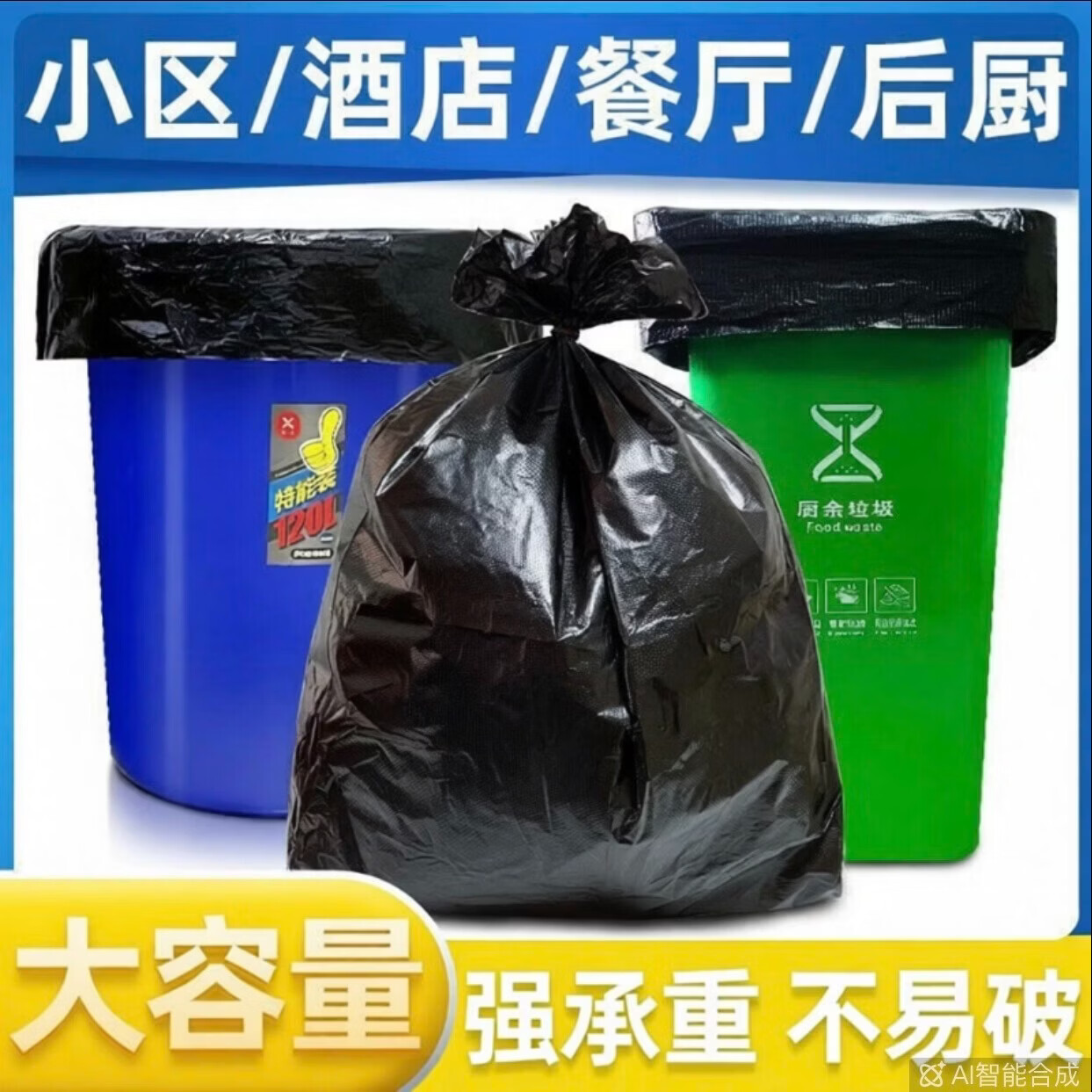 大号黑色商用垃圾袋加厚特厚厨房酒店环卫物业学校平口塑料袋批发 加厚款500只 100*120
