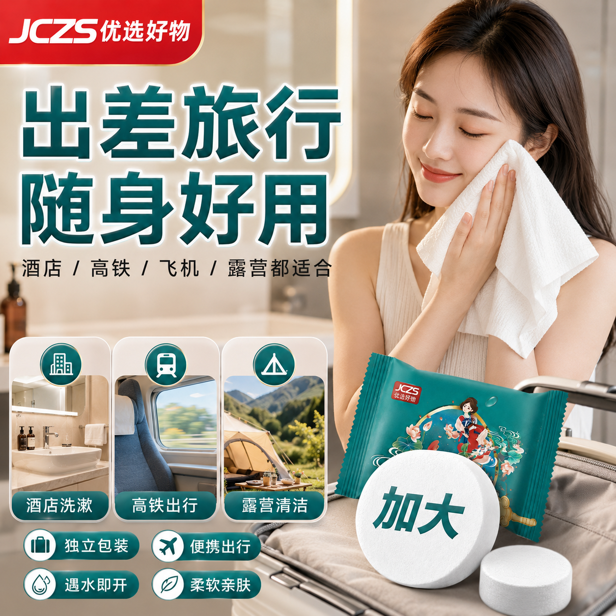 JCZS精工品质加厚加长压缩毛巾一次性绵柔洗脸巾便携独立包装 30*60cm加大加厚2包装【12条】