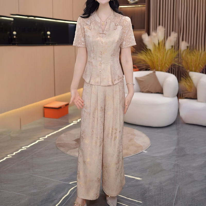 香影纯高档新中式短袖两件套女2026夏季新款流行妈妈通勤显瘦阔腿裤套装 图片色 3XL (建议140-150斤)