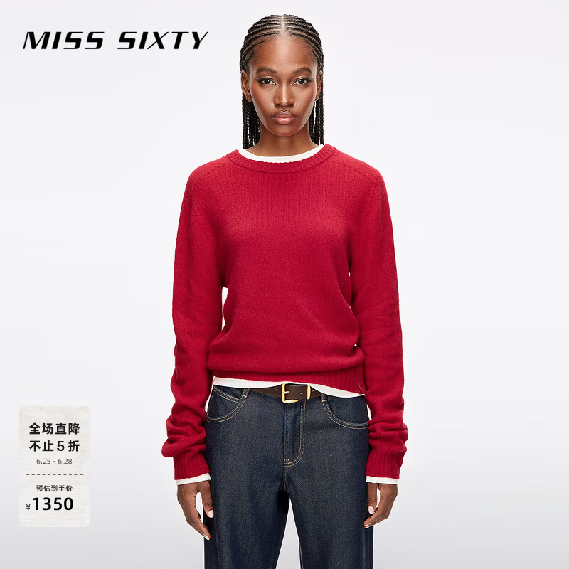 MISS SIXTY2025冬季新款羊毛针织衫女简约休闲纯色圆领上衣毛衣 大红 XS