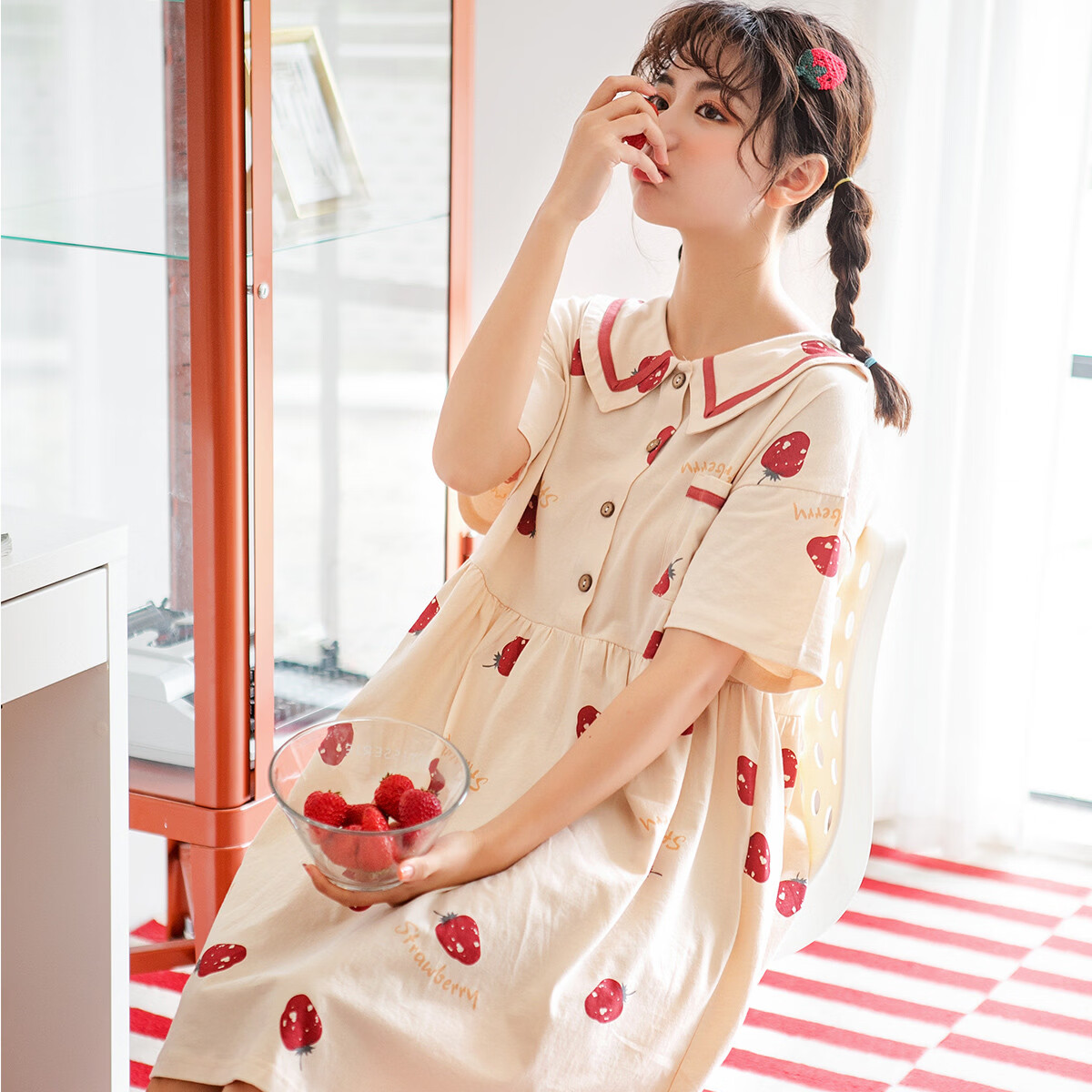 黛梦思睡裙女夏季新款女士纯棉可爱卡通甜美学生少女睡衣家居服可外穿 杏色 XL -女款 （建议120-140斤）