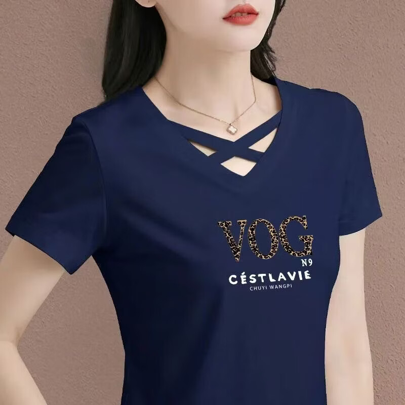【爆款推荐】2026新款短袖印花百搭时尚t恤女镂空V领小众女士上衣 藏青色 XL (建议110-125斤)