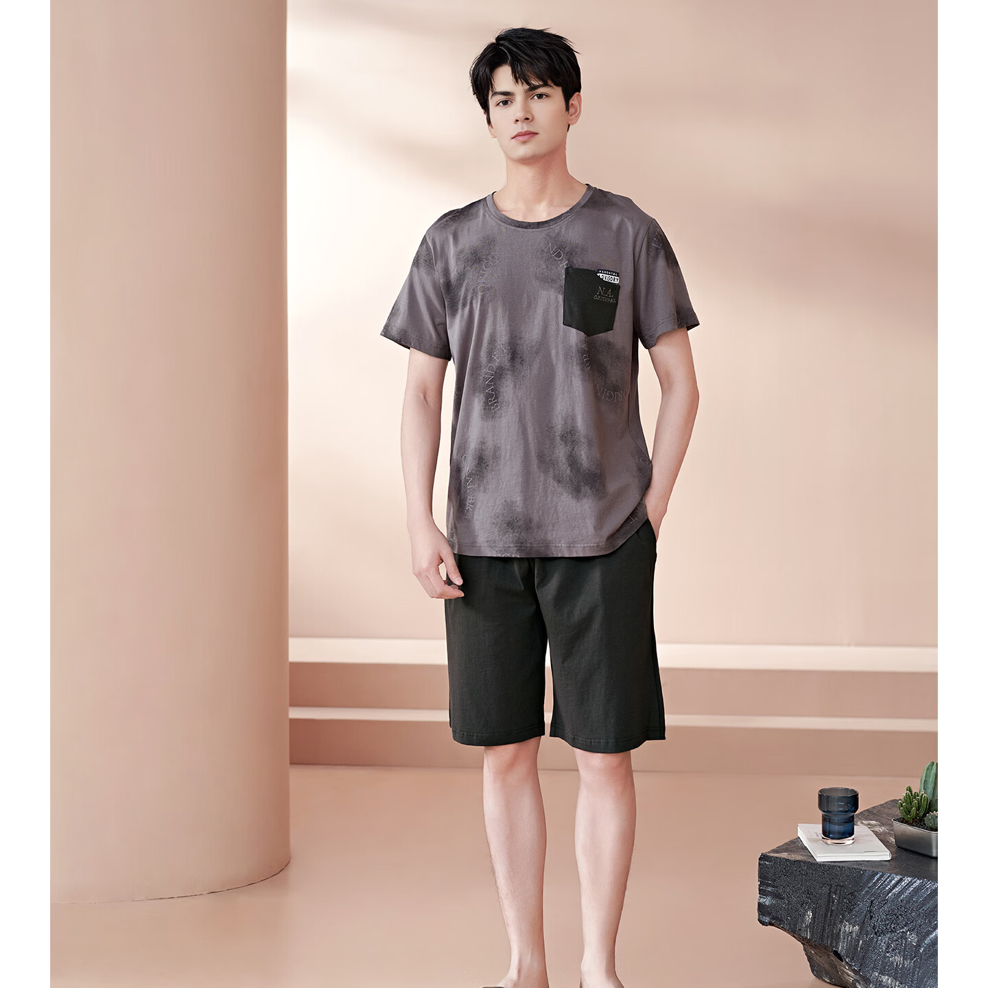 芬腾睡衣男士夏季纯棉短袖短裤可外穿夏天青年大码休闲家居服套装 FX27921927灰兰 3XL 建议185-205斤