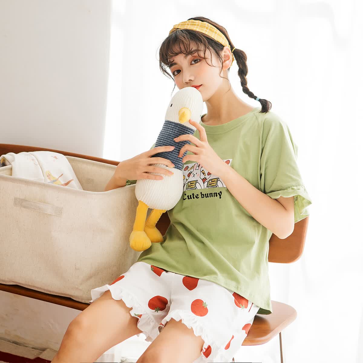 黛梦思睡衣女100%纯棉圆领休闲风可爱甜美短袖家居服套装 绿色 （亲肤纯棉） M -女款 （建议80-105斤）