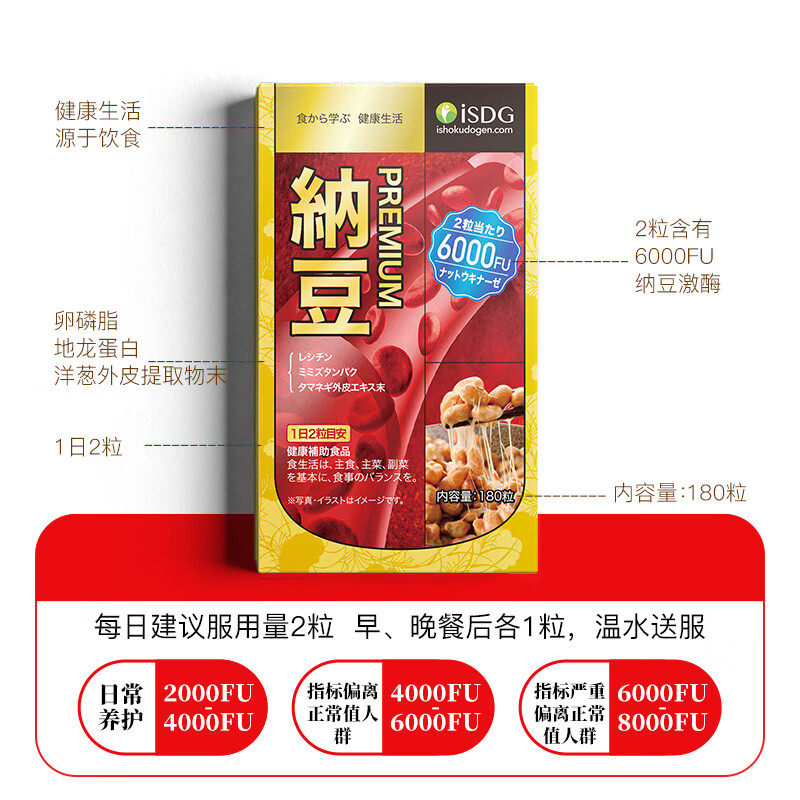 ISDG纳豆激酶胶囊PREMIUM 6000FU 180粒 【周期全家服用】纳豆6000FU 180粒*3瓶