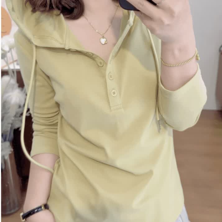 娜莎（NOXA 20）25（秋冬款）文艺范简约打底连帽长袖T恤显瘦休闲宽松百搭 芥末黄 4XL 【155-165斤】