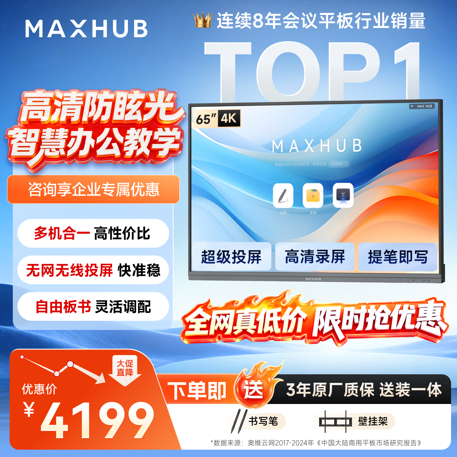 MAXHUB会议平板一体机触摸屏多媒体教学一体机触屏65英寸视频会议触控电视投屏4K电子白板新锐款SG65CAB
