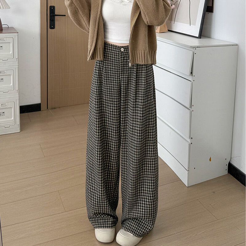 浪莎复古格子裤女秋季宽松慵懒风直筒休闲裤小个子垂感显瘦阔腿裤 杏灰格子 【复古格子单品】 L 【建议111-125斤】