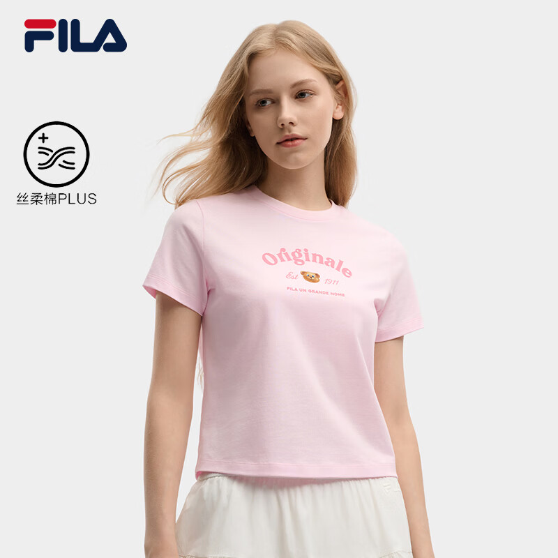 FILA 斐乐官方女子针织短袖衫2026秋新款日常休闲上衣基础纯棉T恤 雅月粉-PK L 170/88A/L