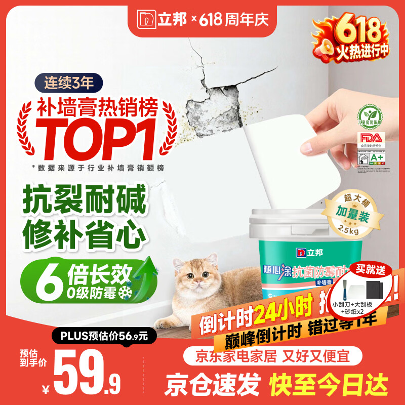 立邦补墙膏墙面修复防霉抗菌墙面修补膏堵洞腻子膏白色2.5kg