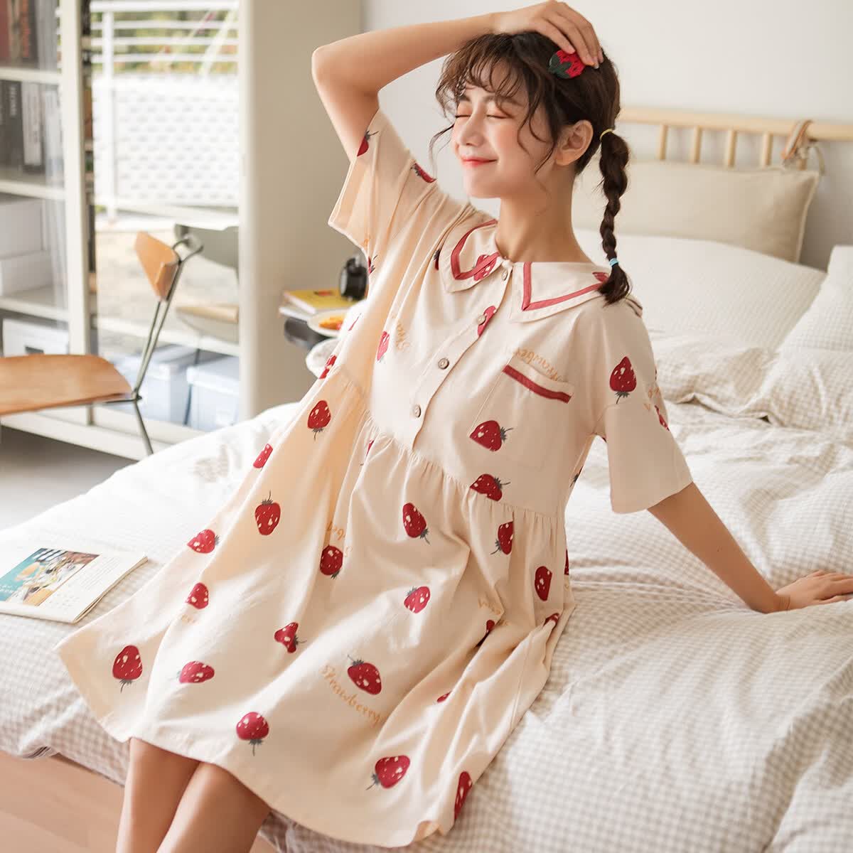 黛梦思睡裙女夏季新款女士纯棉可爱卡通甜美学生少女睡衣家居服可外穿 杏色 XL -女款 （建议120-140斤）