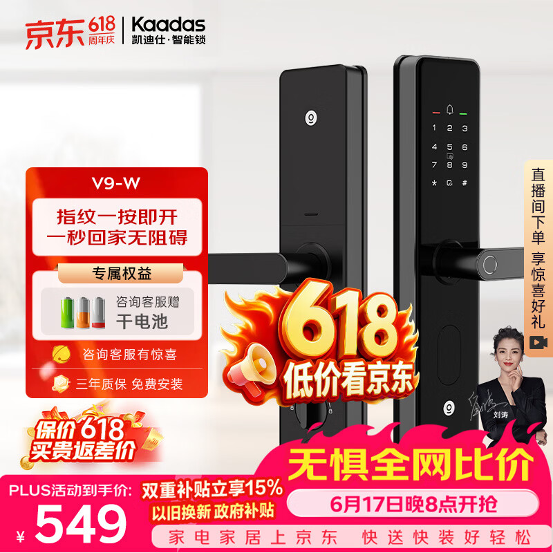 凯迪仕（KAADAS）【价保618】智能门锁 指纹识别联网防盗入户门电子智能密码锁V9-W