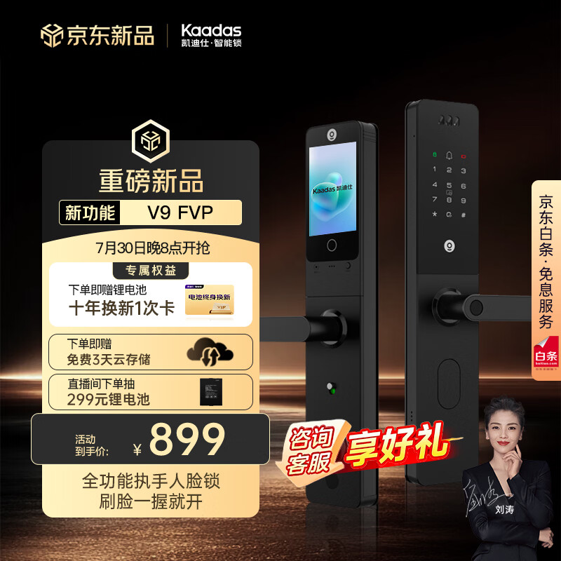 凯迪仕（KAADAS）智能门锁3D人脸识别可视猫眼大屏 入户门电子密码 智能锁 V9 FVP