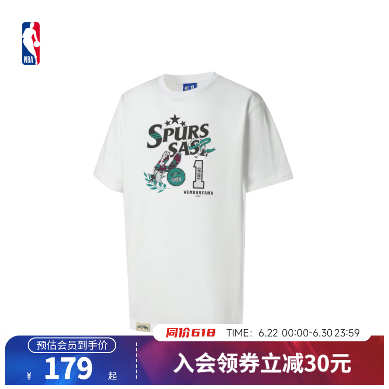 NBA官方26夏季新款马刺文班亚马哈登詹姆斯纯棉透气圆领短袖T恤男女 白(文班亚马) L