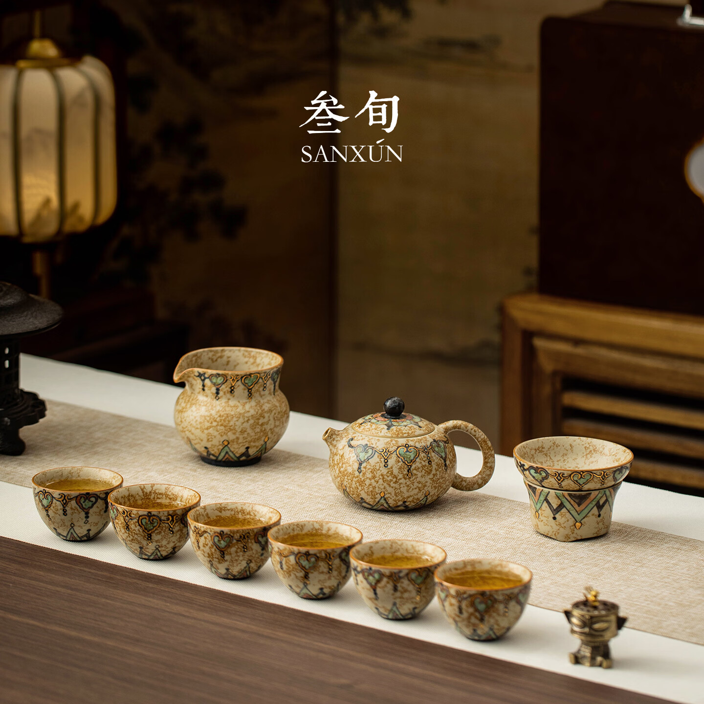 叁旬（sanxun）青花火石红大师款泡茶壶茶具套装轻奢高档送长辈老师乔迁礼物 手绘描金_焰舞敦煌西施壶+茶杯*6+匀杯+茶滤【礼盒】 1-10件