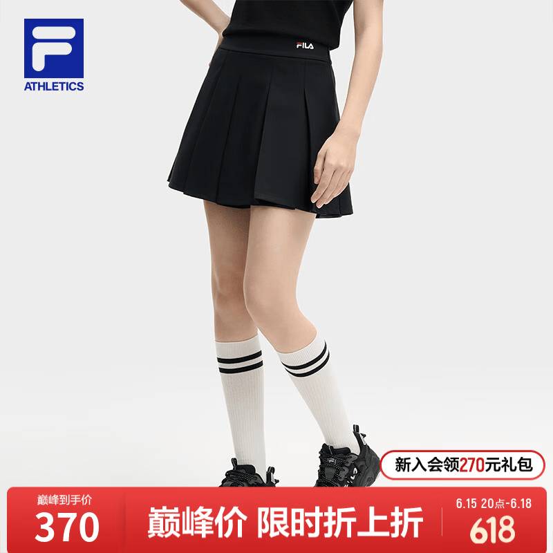 FILA斐乐女子半身裙夏季新款运动休闲百搭显瘦百褶裙A字短裙 正黑色-BK L 170/70A/L
