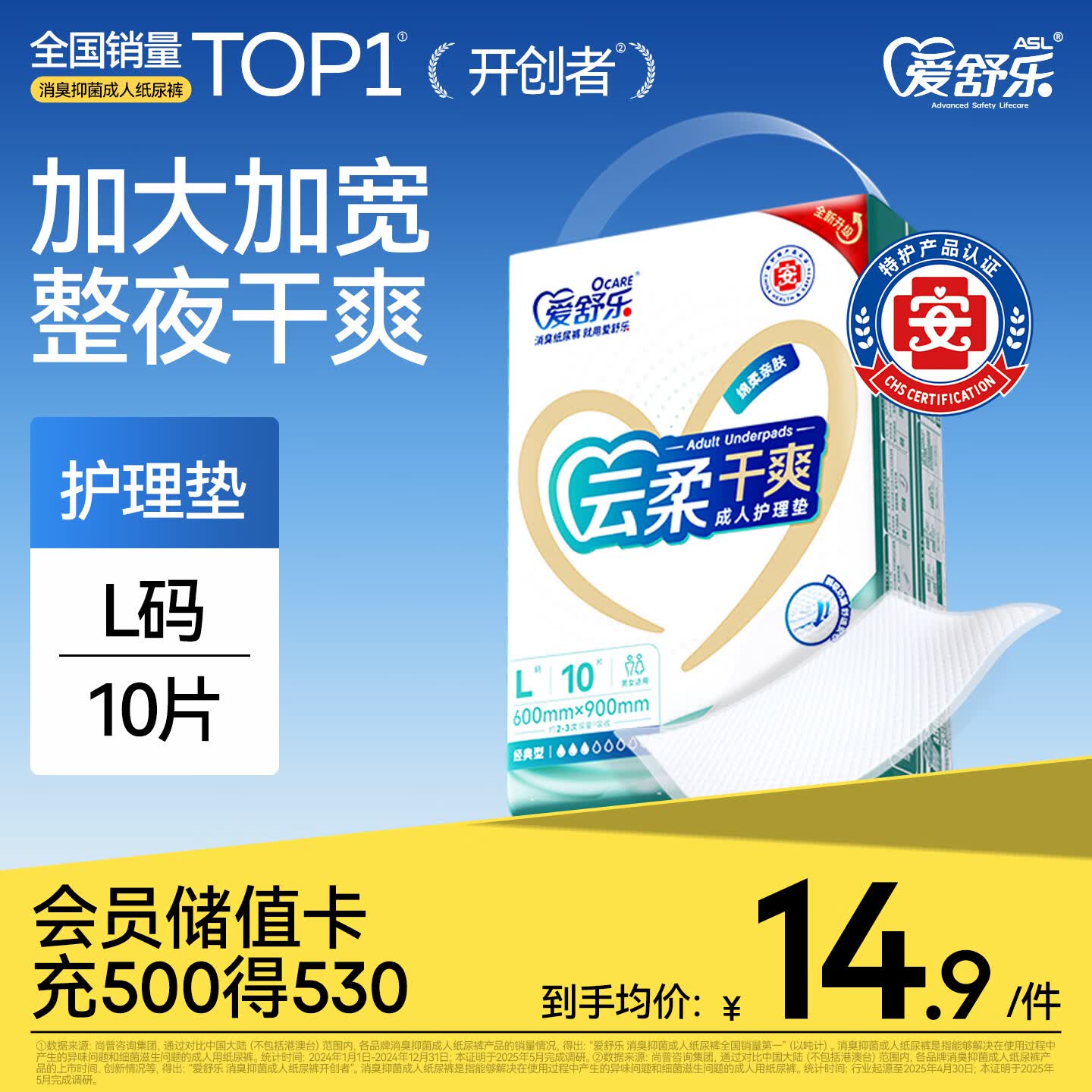 爱舒乐成人护理垫L10片(尺寸:60*90cm)云柔干爽老人隔尿垫孕妇产褥垫