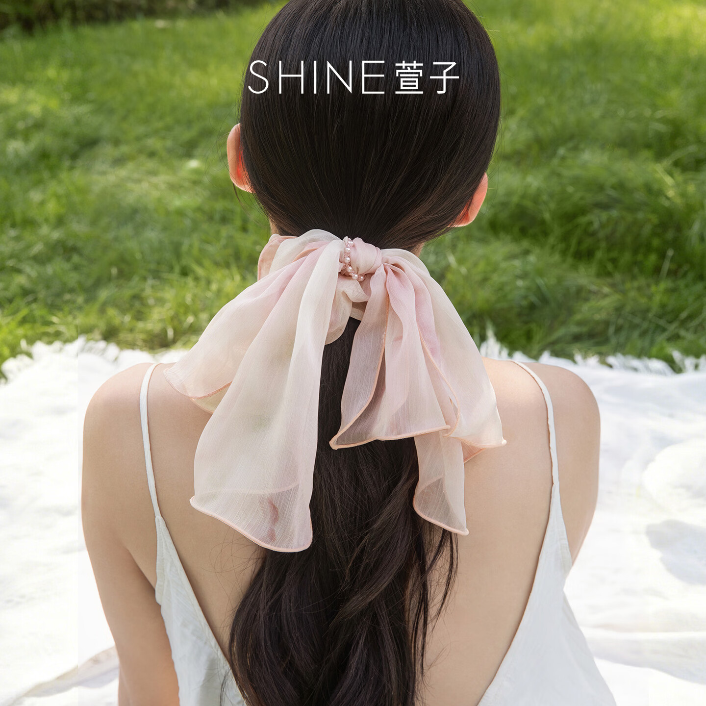萱子(SHINE)粉纱漫染系列氛围感轻纱发圈蝴蝶结飘带发绳古风发饰头饰2026新款 粉色 1个