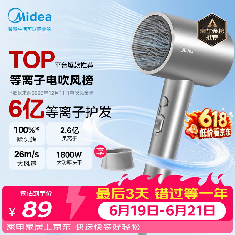 美的（Midea）6亿等离子护发电吹风 家用负离子护发吹风筒 1800W大功率快干吹风机FJ308银 节日礼物 价保618