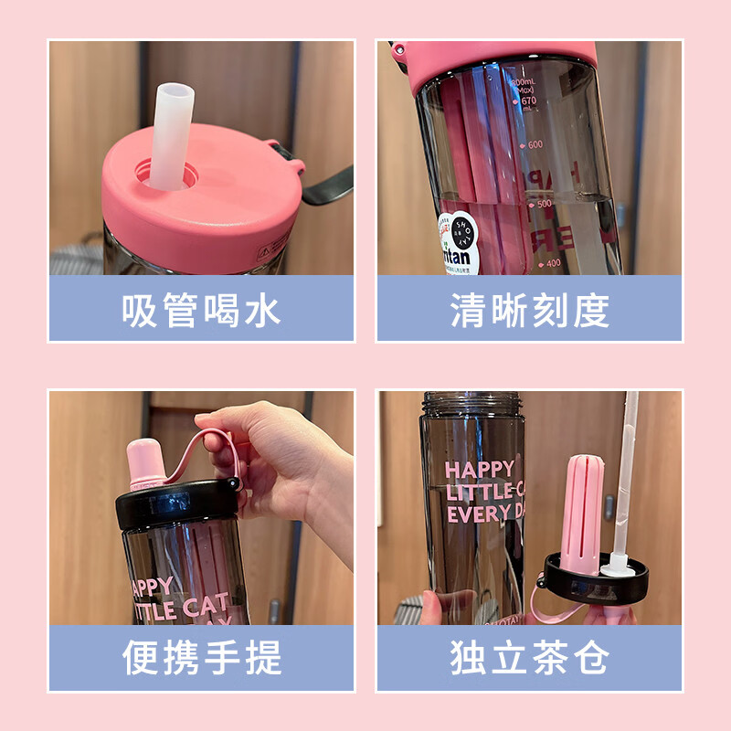 溥畔简约吸管杯大容量运动便携耐高温随手杯学生夏季高颜值泡茶杯 黑色800ML+立体贴随机