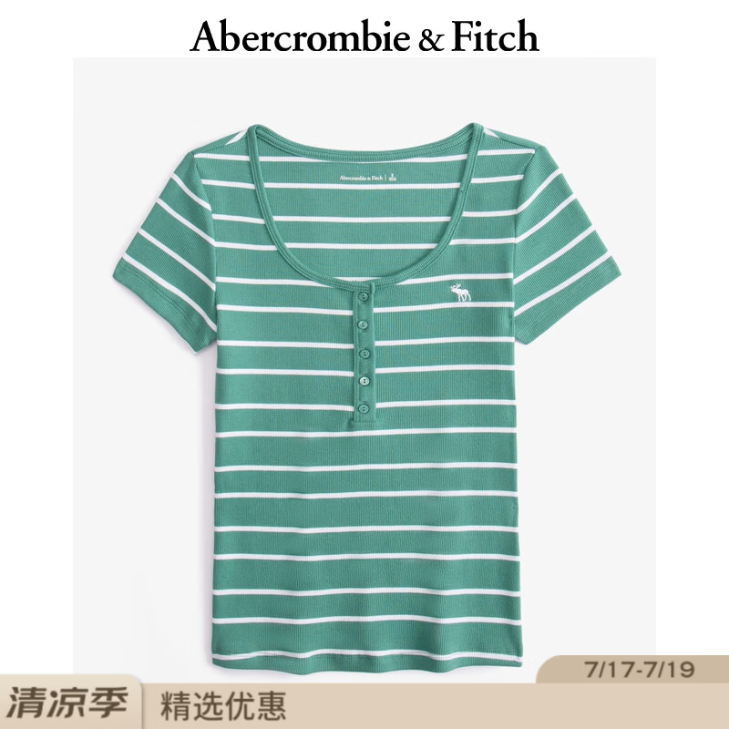 Abercrombie &amp; Fitch【多色亨利领】小麋鹿图案女装25夏季修身短袖T恤 绿色条纹 XL (170/112A)