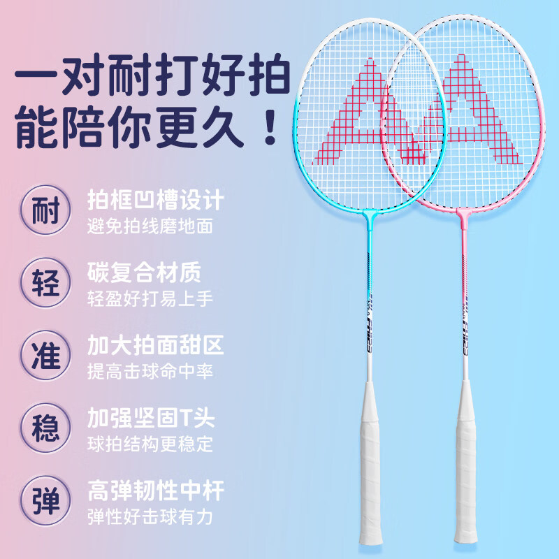 得力(deli)羽毛球拍单双拍训练比赛成人学生超轻合金复合耐打新手入门套装 新品【粉川 蓝屿】双拍+天然羽毛球3只+2个发光球
