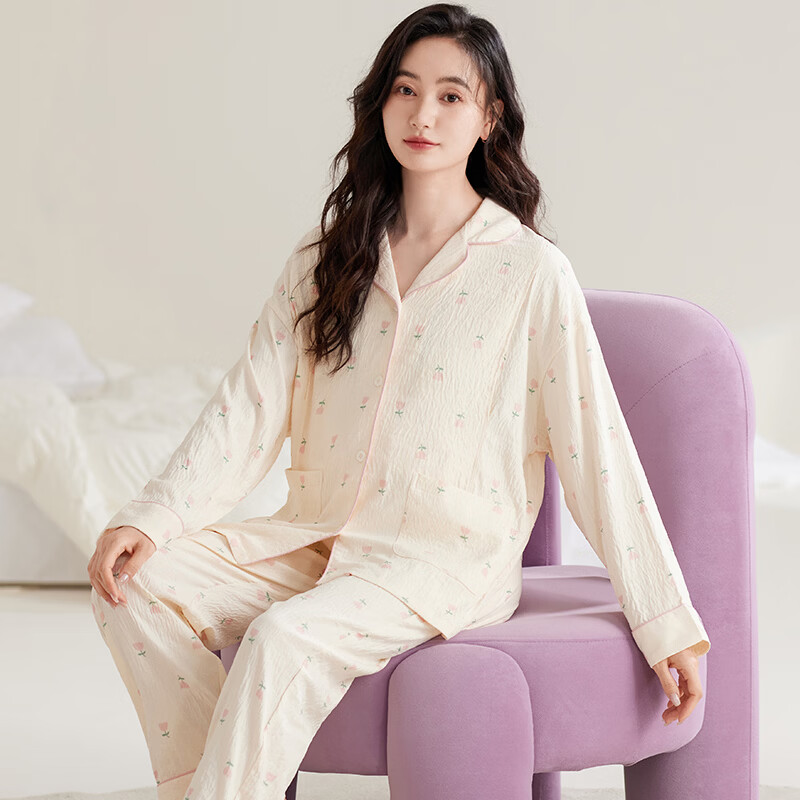 婧麒（JOYNCLEON）月子服云朵棉春秋产后哺乳孕妇睡衣春秋产妇家居服 米黄色 M码