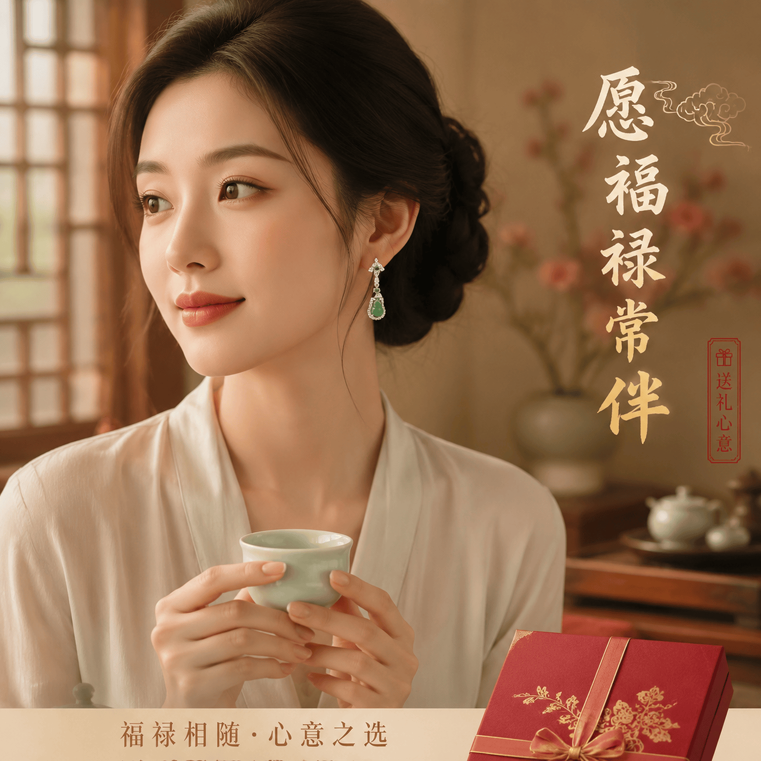 GUSKI珠宝品牌耳钉女设计天然翡翠葫芦新款高级感纪念日生日礼物送女友 【刻字/贺卡】下单请留言或备注