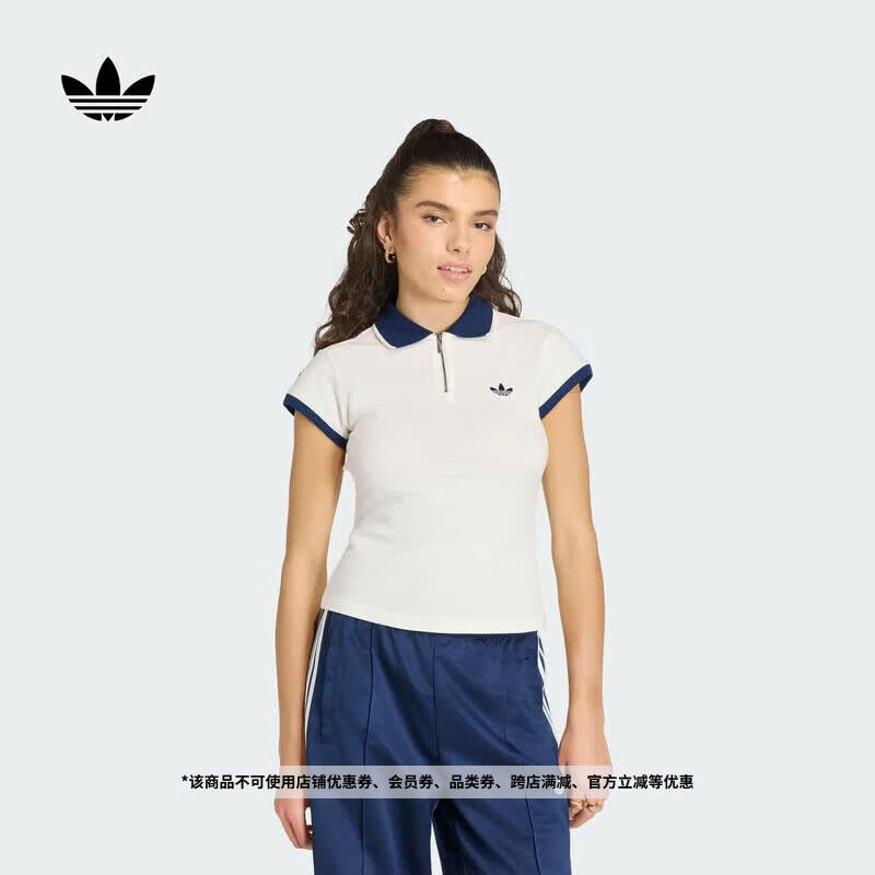 adidas半拉链运动短袖POLO衫女装春夏新款阿迪达斯官方三叶草   白色/深靛蓝（推荐选大一码）   M