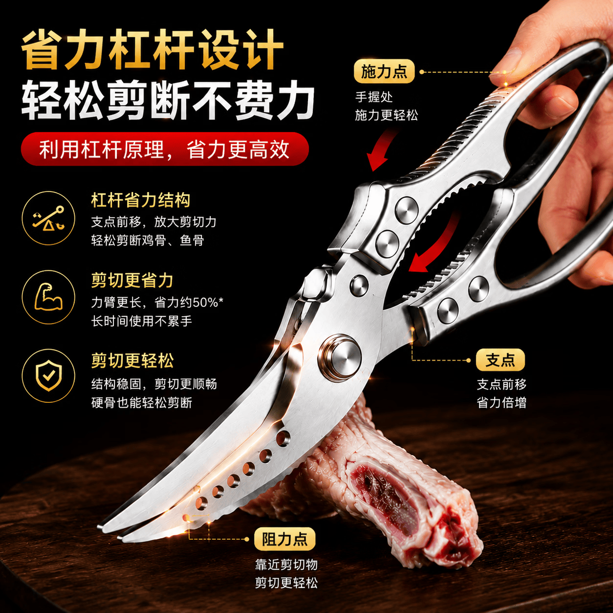 DFBK强力剪骨刀厨房专用鸡骨剪304不锈钢杀鱼剪刀食品级省力自动回弹 鲨鱼鸡骨剪【盒装】