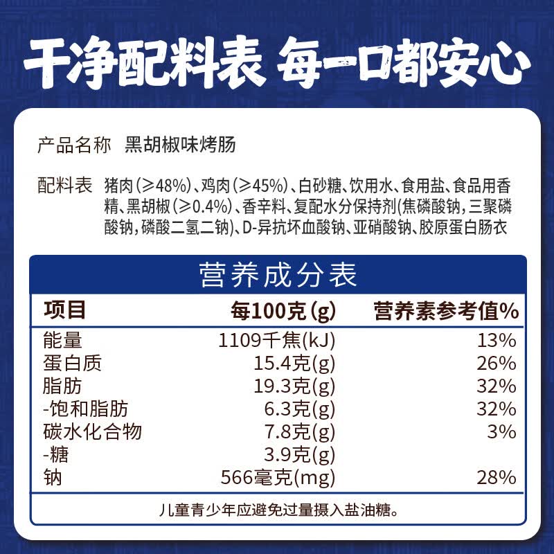 王继莲 小笼原味黑椒风味烤肠肉肠香肠零食速食烧烤热狗空气炸锅食材加热即食 黑椒风味烤肠500g*2【20根】