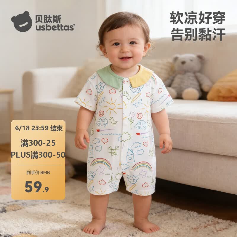贝肽斯夏季纯棉短袖连身衣婴儿卡通印花衬衫领爬服软凉好穿透气 白色 80cm 京东折扣/优惠券