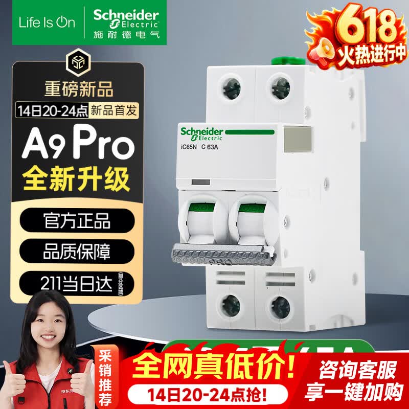 施耐德空气开关 家用微型断路器 双进双出双极 A9pro升级款2P 63A空开
